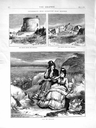 Old Antique Print 1872 Experiments Gun-Cotton Hastings Explosion Ladies 19th