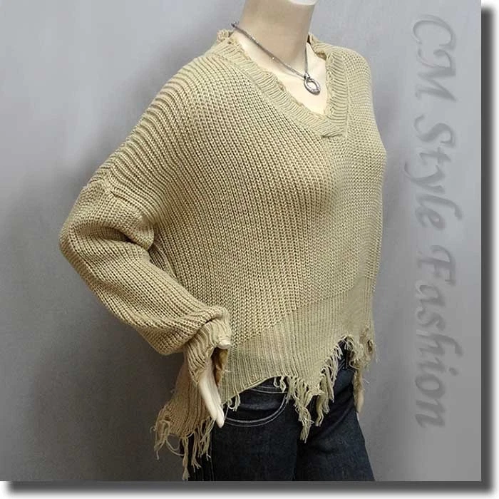 Elegante Top Suéter Acanalado Tejido Grunge Triturado Cuadrado con Rasgaduras Caqui Beige M Foto 4 de 4