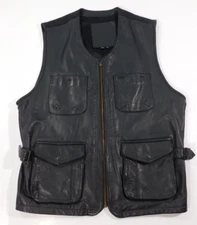 Vintage Cuir Du Monde Oversized Leather Vest Men's Size Medium Black Wool Back