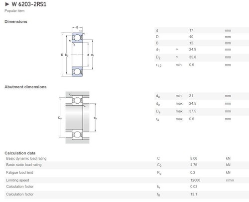 6203-2RS1 Deep Groove Ball Bearings 17x40x12 mm - Picture 2 of 4