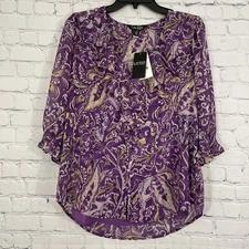 Lauren Ralph Lauren Shirt Womens Large Purple Poly Crinkle Ruffle Top NEW $145