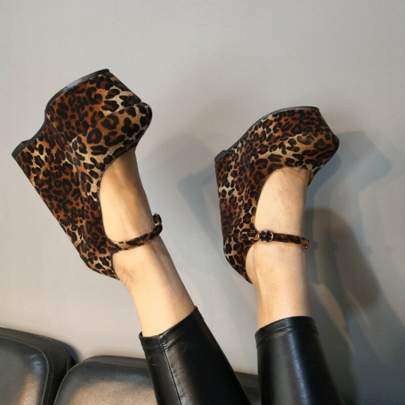 Women's Shoes Leopard Print Platform Wedge Heel Ankle Strap Nightclub Show  Stage