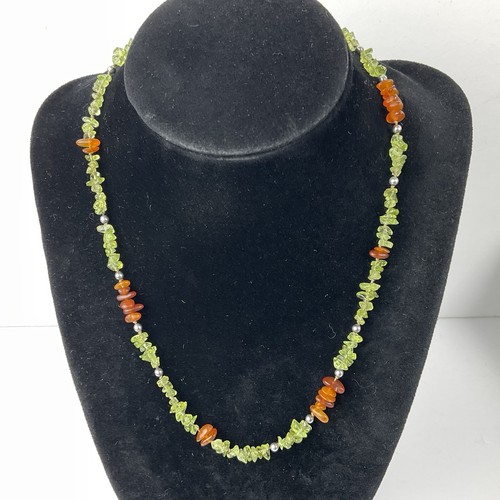 Vtg Artisan Green Peridot & Amber Sterling Silver Beaded Necklace Gift Earrings - Picture 3 of 20