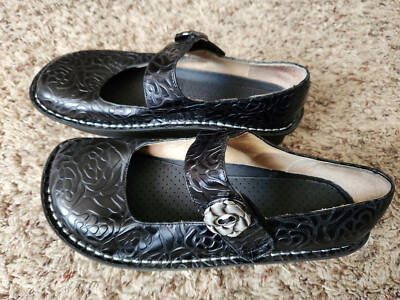 Alegria Paloma Black Embossed Rose Mary Jane Comfort Shoe Size 37 Leather  Upper