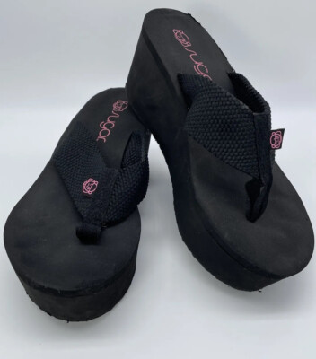 Sugar Wedge Black Chunky Y2K Flip Flops Beach Nylon Thong Slip on Shoe Size 