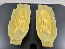Set of 2 ML Hall Ceramic Corn on the Cob Serving Dishes Hand Painted Glazed