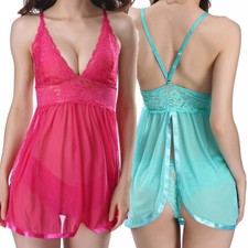 US Women Negligee Lingerie Lace Sheer Babydoll Chemise Sexy Open Back Nightdress