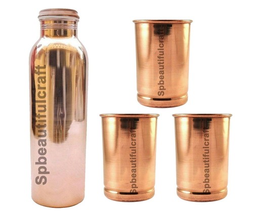 Bouteille D'eau En Cuivre Pur 1000 Ml Avec Gobelet En Verre 300 Ml - Motif Diamant, Fabriqué En Inde, Neuf