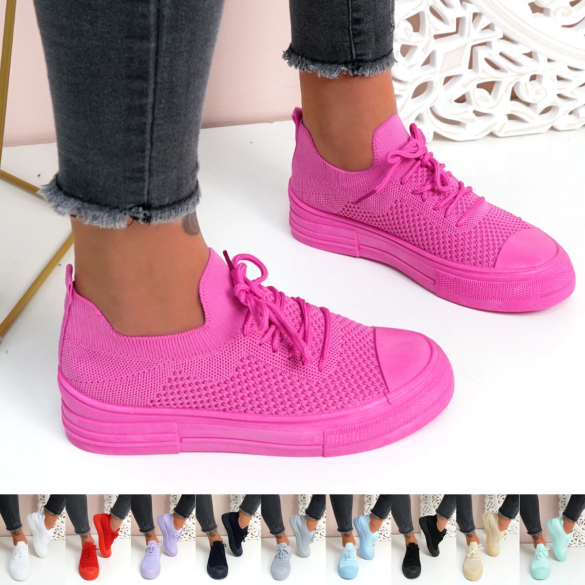 WOMENS KNIT TRAINERS LADIES LOW FLAT SNEAKERS PARTY WOMEN SHOES