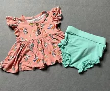 Posh Peanut Top Bloomers Cover Girls 6-12 M Pink Bunnies Teal Ruffle Butt Bamboo