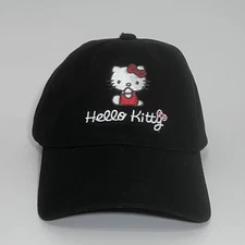 Hello Kitty Women Adjustable Baseball Hat Cap Black Embroidered Logo New