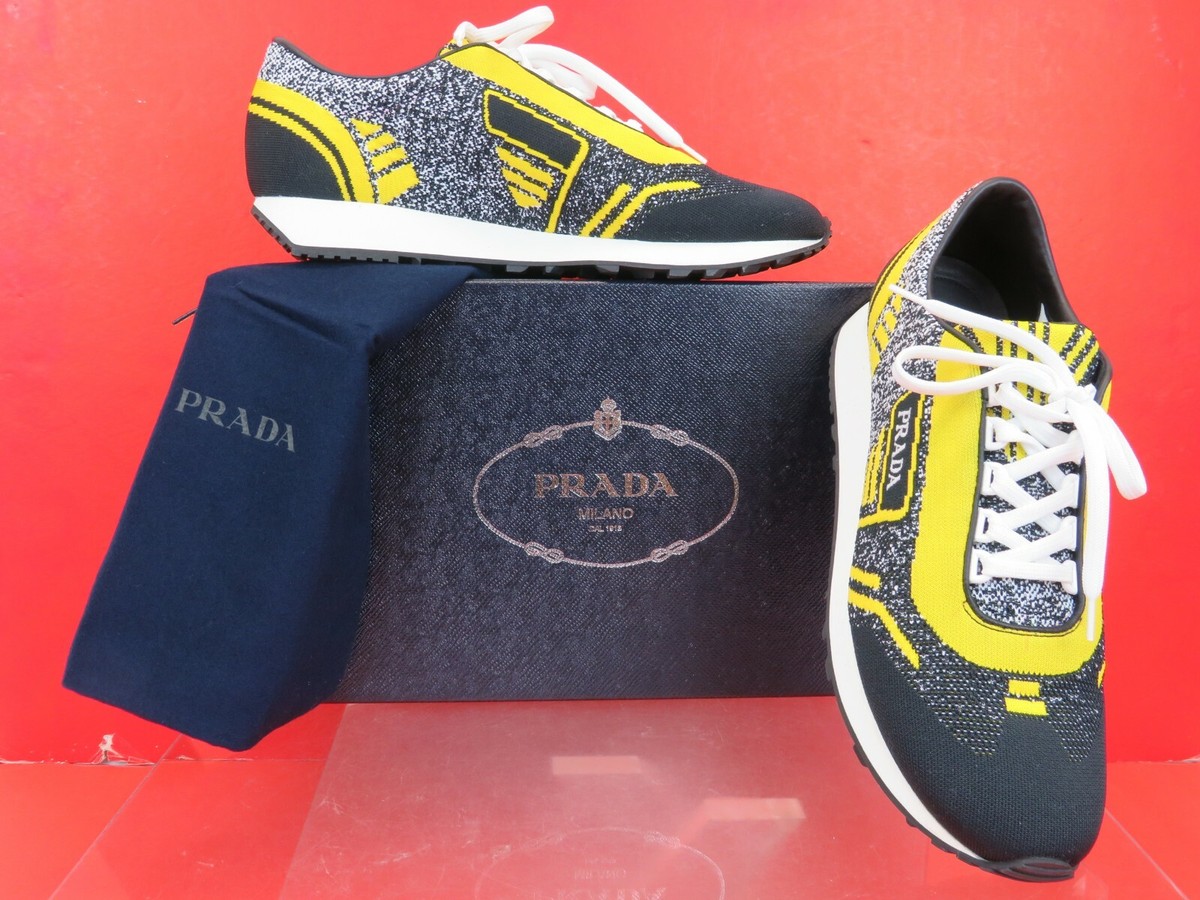 NIB PRADA 2EG272 YELLOW BLACK FABRIC KNIT LOGO LACE UP  display picture 3
