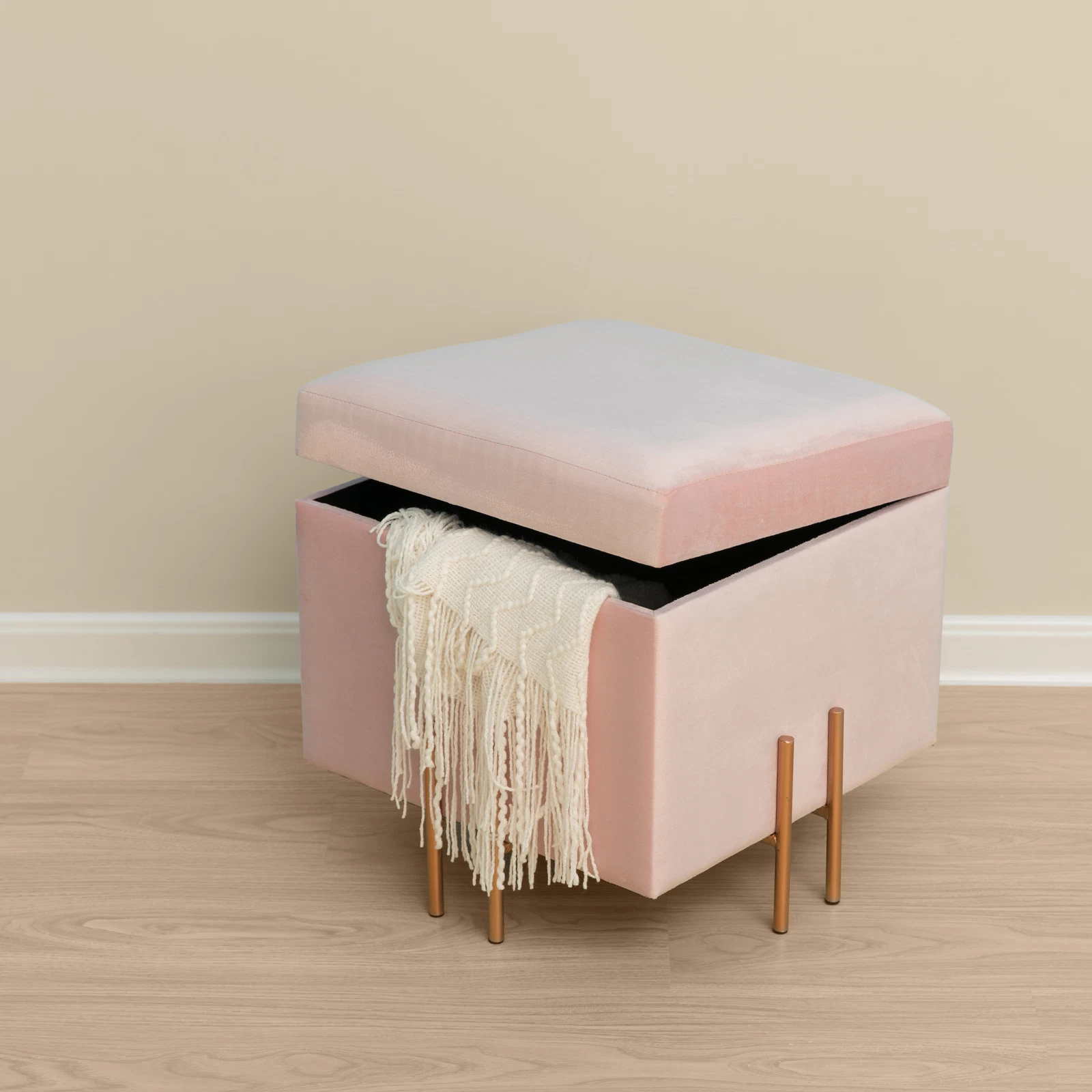 Square Velvet Storage Ottoman with Rose Gold Legs