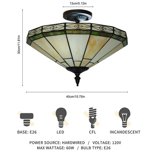 2-Light Tiffany Style Stained Glass Ceiling Lighting Fixture Vintage Chandelier - Picture 12 of 17