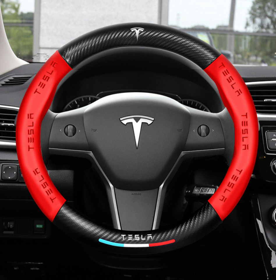 15"38cm Leather+Carbon fiber Steering Wheel Cover For 1967-2026 Tesla All models