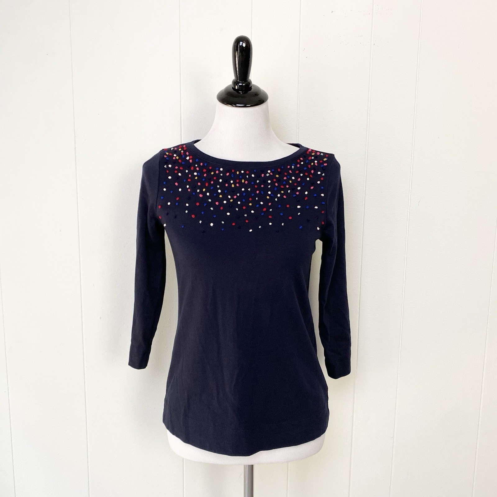 Talbots 3/4 sleeves multicolor embellish mini pom pom top Navy Blue Sz Petite P