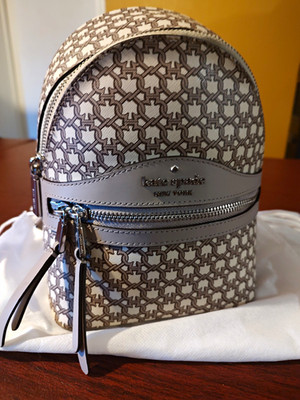 Kate Spade New York Monogram Small Backpack Beige Brown Top Handle Zip Silver