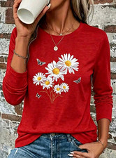 Womens Red Long Sleeve Crew Neck Cotton Knit Top T-Shirt Daisy Floral Butterfly