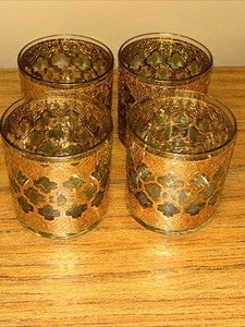 Vintage 4 Culver Valencia 22K Gold & Green Diamond Lowball Mid-Century Glassware