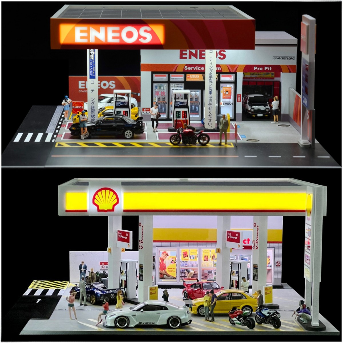 Diorama 1/64 Car Garage Model LED Lighting City Gas Station Building Scene Model