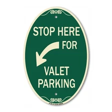 Stop Here for Valet Parking (Left Arrow) 12" x 18" Green Aluminum Oval Sign