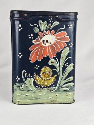 Vintage Prince Albert Tobacco Tin Hand Painted Folk Art Chick Flower Signed E.C