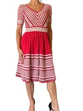 Temperley London Fit & Flare Red Striped Knit Silk Dress Short Sleeve V Neck XS