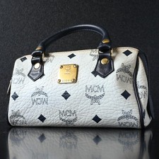 MCM Visetos Monogram Mini Boston Bag White Black Leather 19x10x9cm N0065