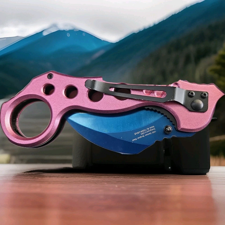 Cuchillo táctico para acampar y cuchillo EDCK 8" rosa y azul Karambit asistido por resorte Foto 2 de 3