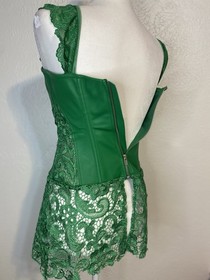 Green Lace Corset Medium Faux Leather with Ties Back Zipper Gothic Steampunk