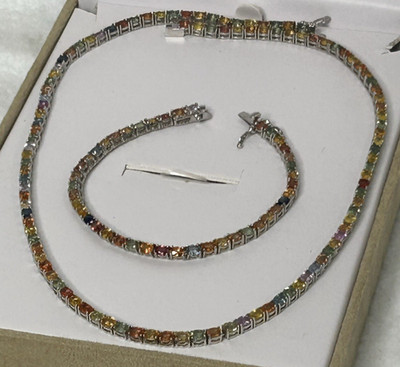 Oval Multi-Color Sapphire Sterling Silver Tennis Bracelet Necklace Set 7.5''+ 18''