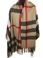 Virgin Wool Scarf One Size Beige Red Black Plaid Print Fringe Ends Soft