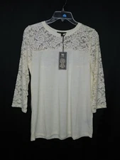 NWT DG2 DIANE GILMAN EGGSHELL ACID WASH 3/4 LACE SLEEVE TEE KNIT TOP SZ M #B319