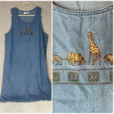 VTG 90s African Animals Embroidered Denim Maxi Dress Button Side Womens L/XL