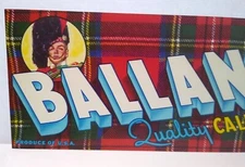 Ballantine California Fruits Scottish Plaid Marching Band Man Crate Label 1960's
