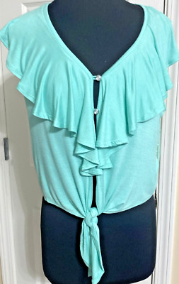 Iris Basic Women's Light Green Collard Tie Front Crop Top, Lace Back 2X