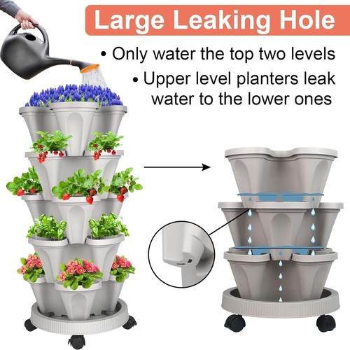 5 Tier Vertical Planter Stackable Planters Garden Tower Pot with Wheels & Tools - Picture 4 of 7