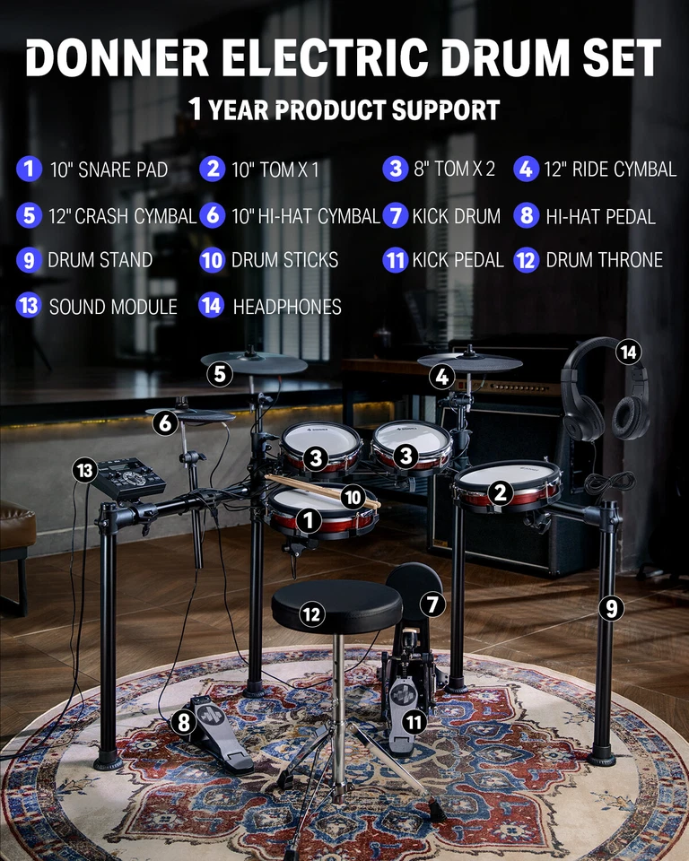 Donner DED-200 Max Electric Drum Set For Adults Full Set Dual Zone Mesh Pads - Image 2 of 4