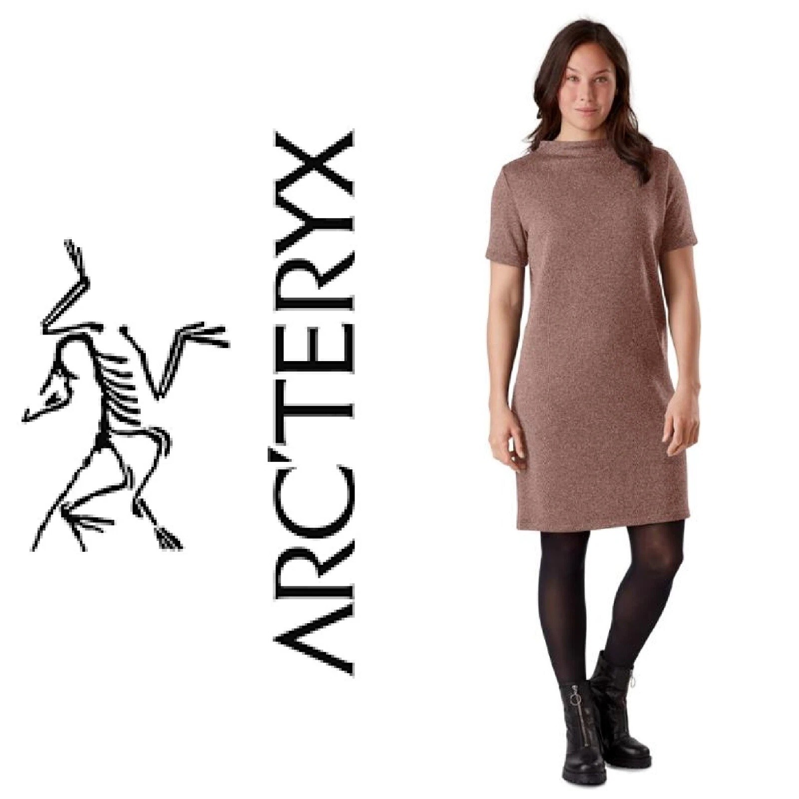 Arc'teryx Laina Mini Shift Vestito Pullover Manica Corta Finto Collo Maglia Marrone Tg.S