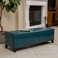 Skyler Teal Leather Storage Ottoman Bench