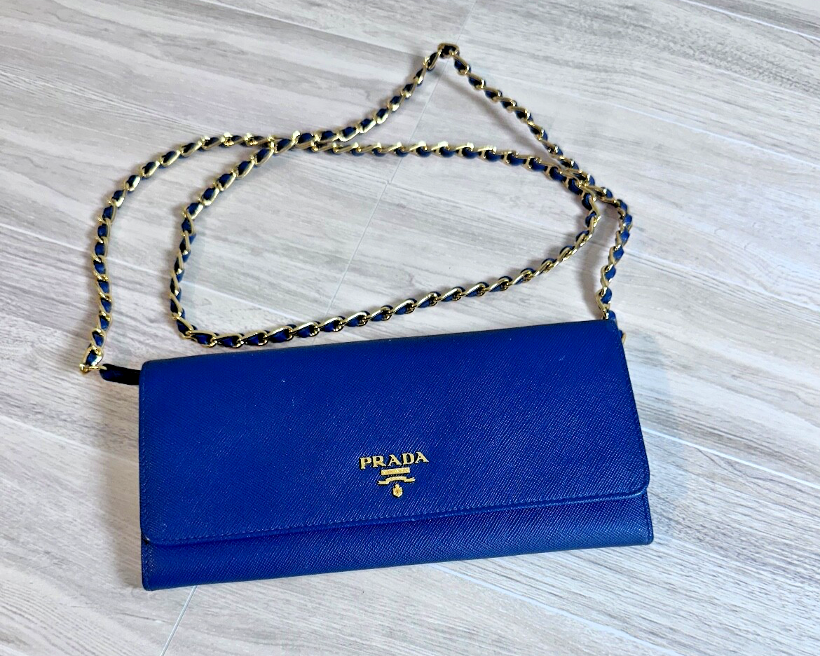 Prada Saffiano Cobalt Blue Leather Chain Wallet