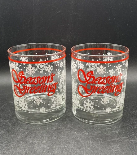 Libbey Rock Glasses Barware "Season's Greetings" Vintage Set Of 2