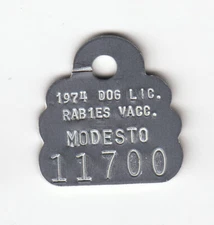 1974 MODESTO (CALIFORNIA) RABIES VACCINATED DOG LICENSE TAG #11700