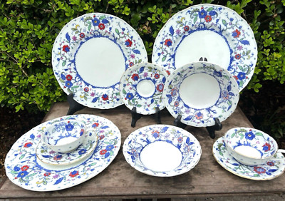 9 PC GROUP ANTIQUE ROYAL WORCESTER BLUE CHELSEA 3 PLATES 2 EA CUPS SAUCER BOWLS