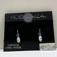 NEW/card unworn SOSTANZA silvertone Blue / Clear Crystals pierced earrings