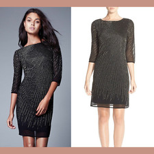 NWT Adrianna Papell Beaded Sheath 3/4 Sleeve Dress Cocktail Black [ SZ 0 ] #e788