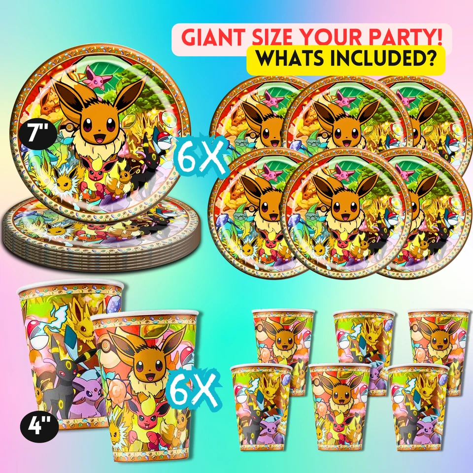 POKEMON EEVEE SUMINISTROS DE FIESTA DECORACIÓN DE CUMPLEAÑOS GLOBO VAJILLA REMOLINO Foto 2 de 4