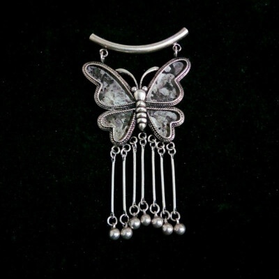 Chinese Handmade Miao silver bell tassels DIY embed butterfly necklace pendant
