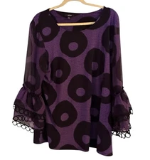 Alfani Women’s Tiered Sleeve Blouse Size XL Lace Trim Black Purple Circle Print