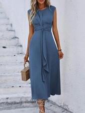 Blue Sleeveless Tie Waist Midi Dress Textured A-Line Size Medium